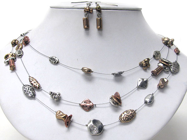 Multi small metal piece link illusion wire three layered necklace earring set