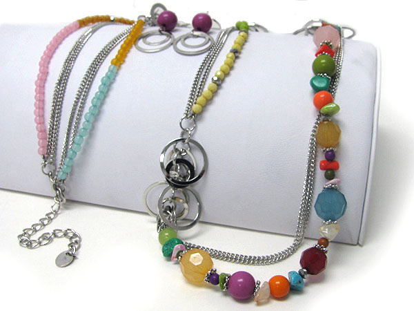 Multi glass bead and metal disk link long necklace earring set