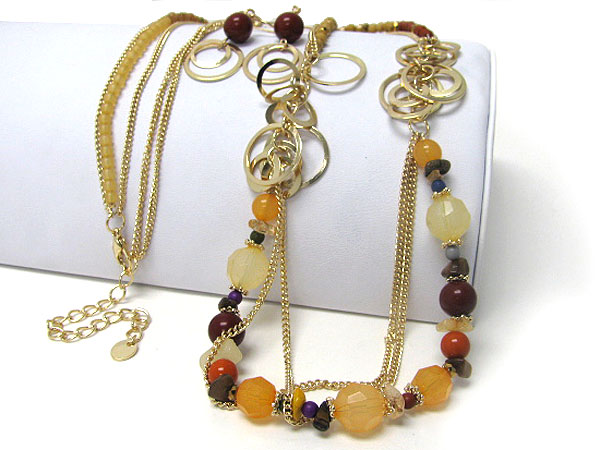 Multi glass bead and metal disk link long necklace earring set