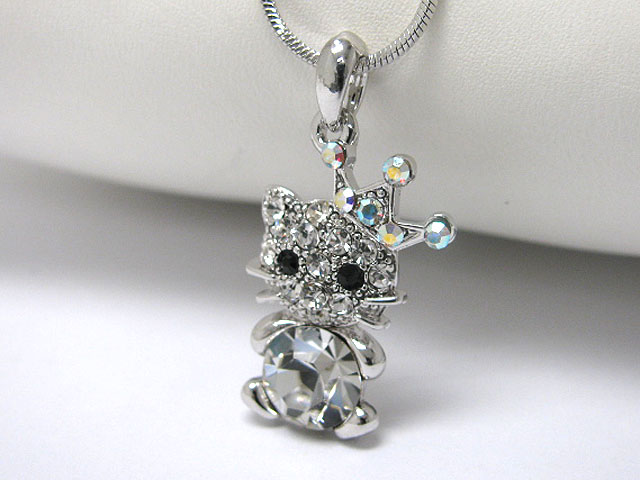 Made in korea whitegold plating crystal stud crown cat pendant necklace