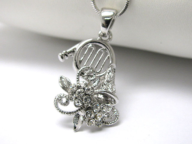 Made in korea whitegold plating crystal stud flower and horn pendant necklace