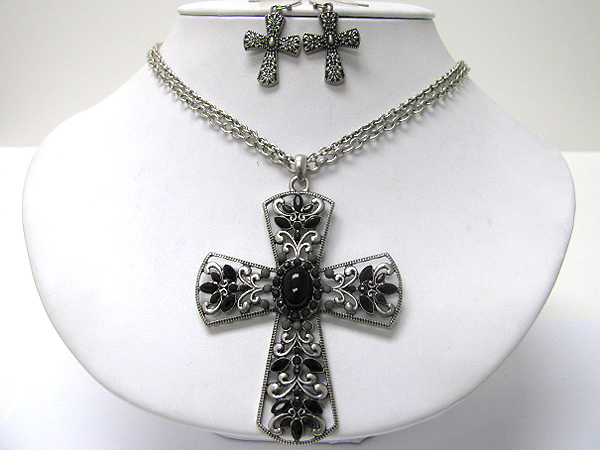 Crystal deco and metal art cross necklace earring set