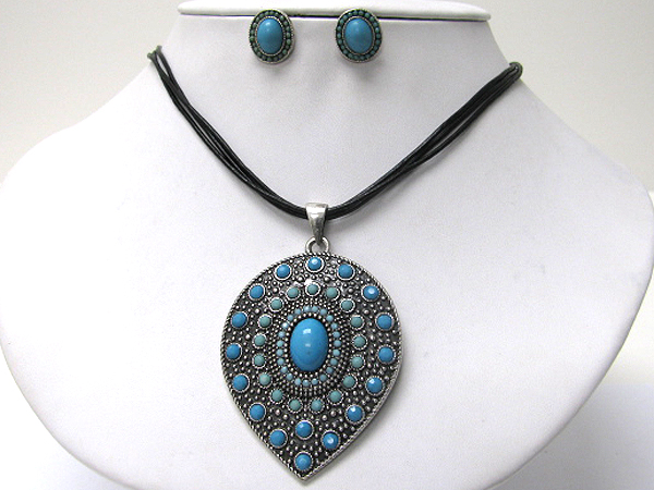 Colored stone deco pendant cord necklace earring set