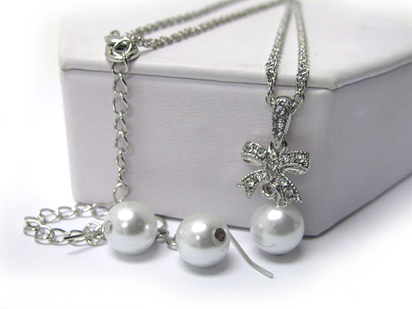 Crystal stud ribbon and pearl drop necklace earring set