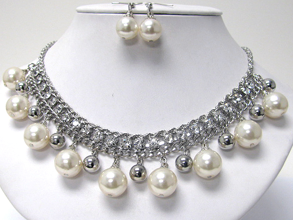 Crystal deco between chain and pearl and matal ball drop necklace earring set