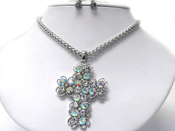 Multi crystal stud metal filigree cross necklace earring set