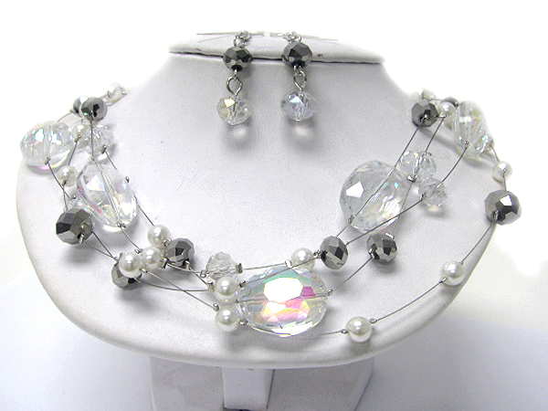 Glass and metal bead wired illusion necklace earring set