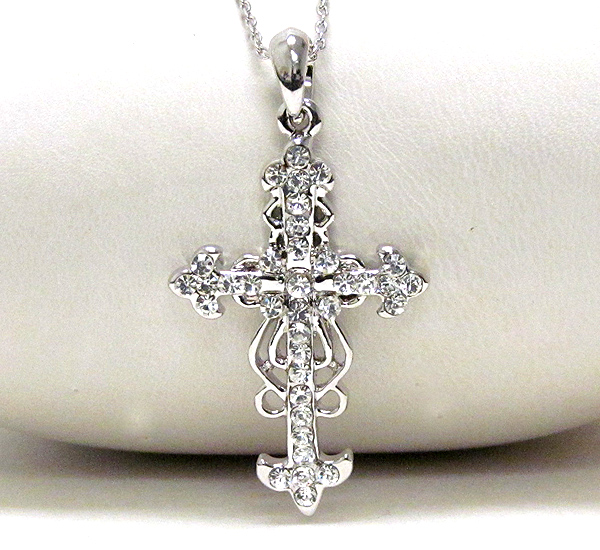 Made in korea whitegold plating and crystal deco cross pendant necklace