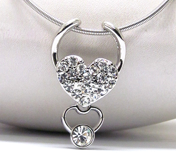 Made in korea whitegold plating double crystal heart drop pendant necklace