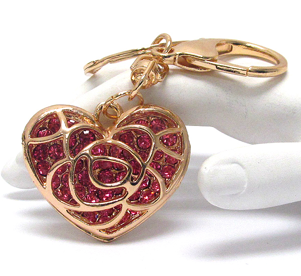 Crystal pave and rose filigree heart key chain -valentine