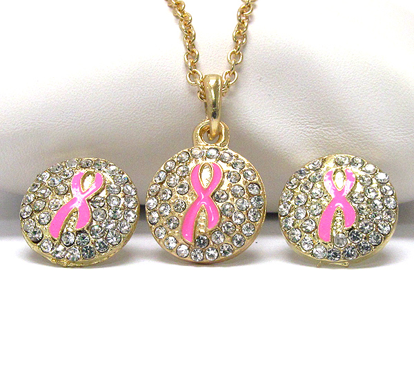 Crystal and epoxy deco pink ribbon necklace earring set - breast cancer awareness