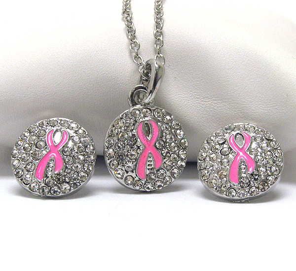 Crystal and epoxy deco pink ribbon necklace earring set - breast cancer awareness