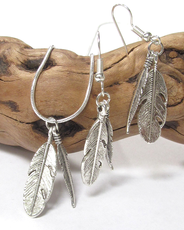 Antique silver double feather pendant necklace set