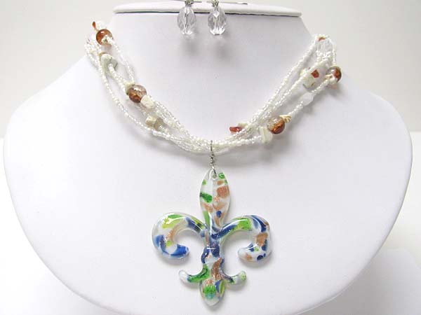 Murano fleur de lis peandant multi layer necklace earring set