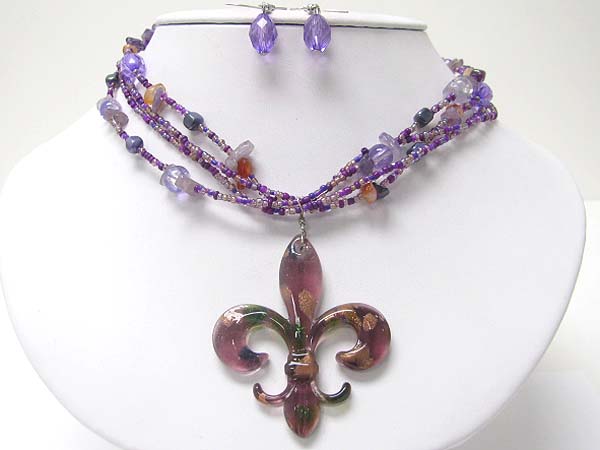 Murano fleur de lis peandant multi layer necklace earring set