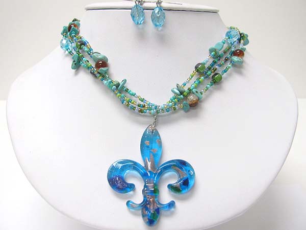 Murano fleur de lis peandant multi layer necklace earring set