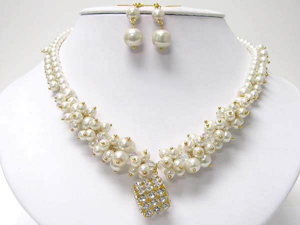 Crystal stud cube pendantpearl beads cluster necklace earring set