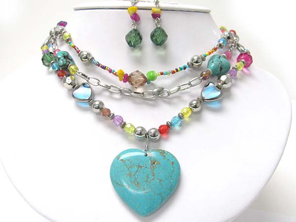 Turquoise heart pendant multi strand mixed beads necklace earring set