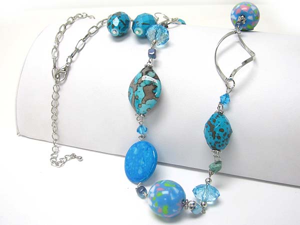 Mixed ceramic beads long chain necklace earring set