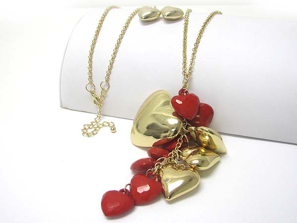 Metal and acryl multi heart dangle long chain necklace earring set