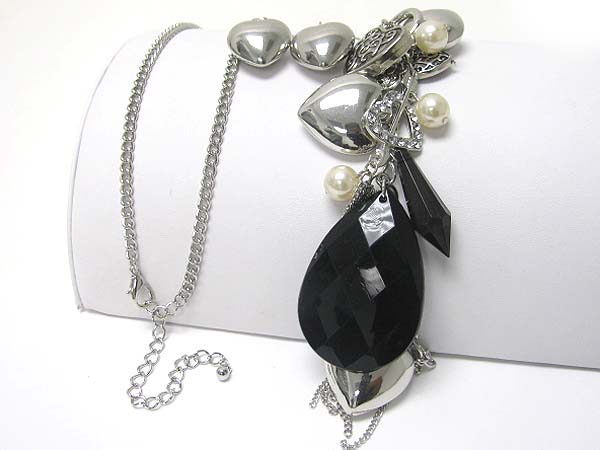 Crystal and pearl deco facet large tear drop and heart dangle long chain necklace earring set