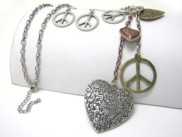 Tri tone metal textured heart and peace mark dangle long necklace earring set