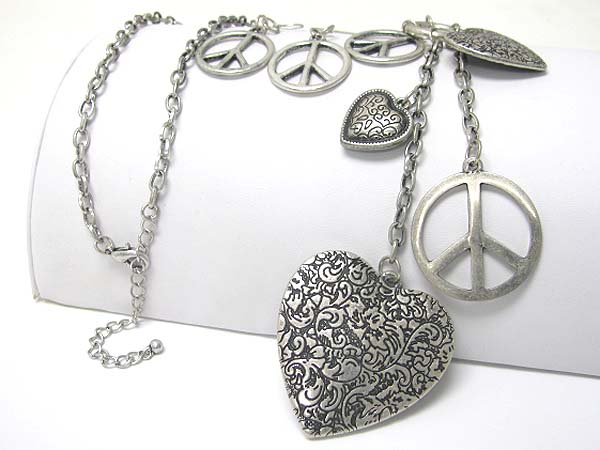 Tri tone metal textured heart and peace mark dangle long necklace earring set