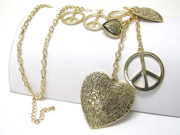 Tri tone metal textured heart and peace mark dangle long necklace earring set