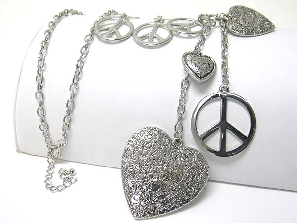 Tri tone metal textured heart and peace mark dangle long necklace earring set