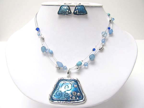 Crystal and enamel art pendant and beads necklace earring set?