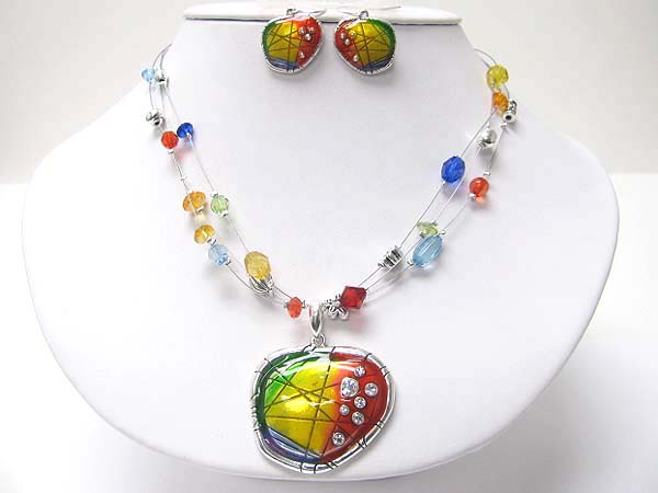 Crystal and enamel art pendant and beads necklace earring set?