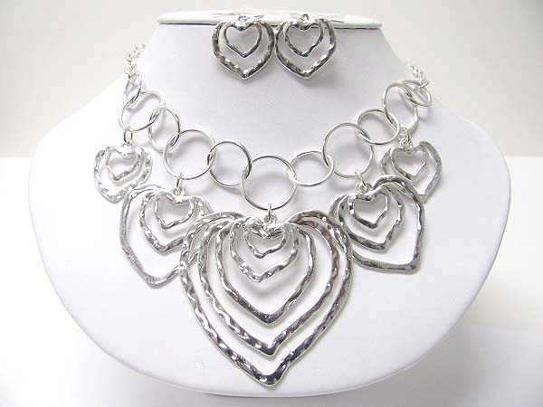 Chunky metal multi heart dangle necklace earring set