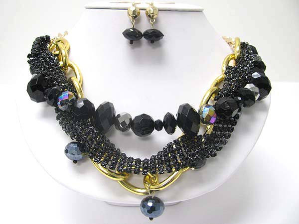 Rhinestone and facet glass beads and metal chain fusion necklae earring set