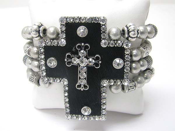 Crystal stud cross top multi row metal stretch bracelet