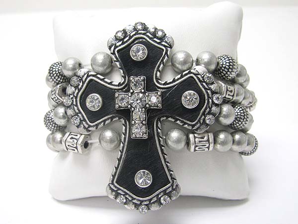 Crystal stud cross top multi row metal stretch bracelet