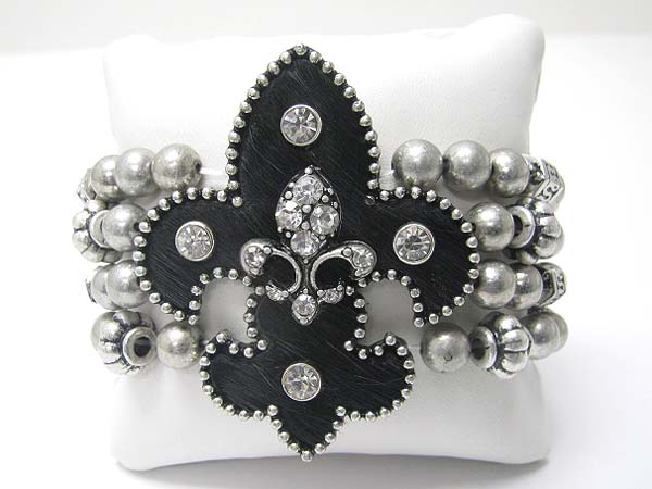 Crystal stud fleur de lis top multi row metal stretch bracelet