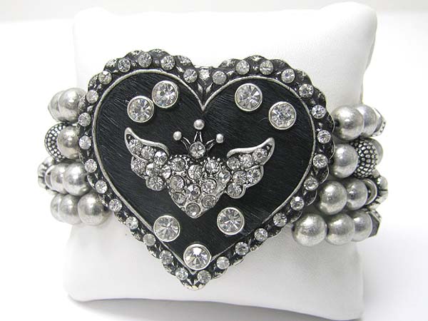 Crystal stud heart top multi row metal stretch bracelet