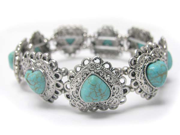 Turquoise casting metal heart link stretch bracelet 