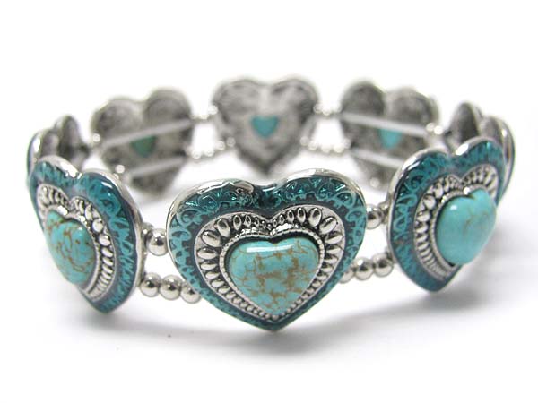 Turquoise casting metal heart link stretch bracelet 