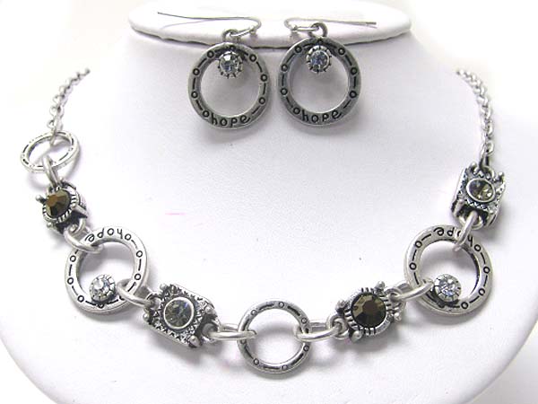 Crystal stud textured metal link necklace earring set