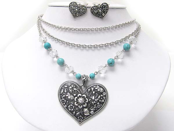 Filigree metal heart pendant turquoise stone necklace earring set