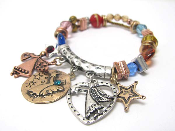 Tri tone metal angel theme charm multi beads stretch bracelet