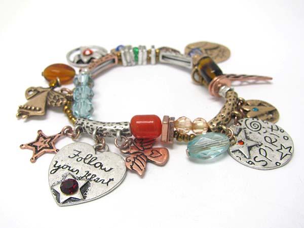 Tri tone metal angel theme charm multi beads stretch bracelet