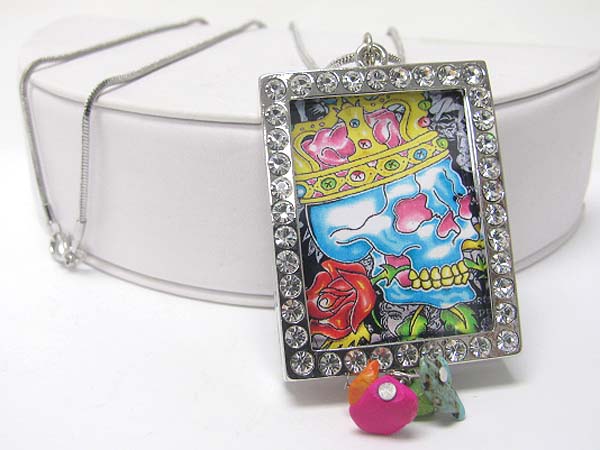 Crystal tatto theme picture frame pendant long necklace