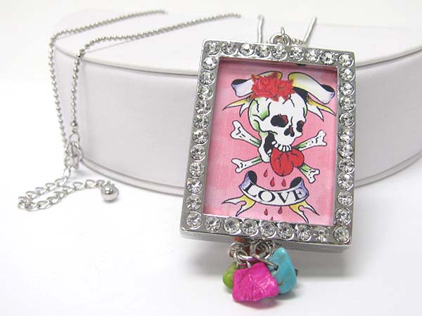 Crystal tatto theme picture frame pendant long necklace