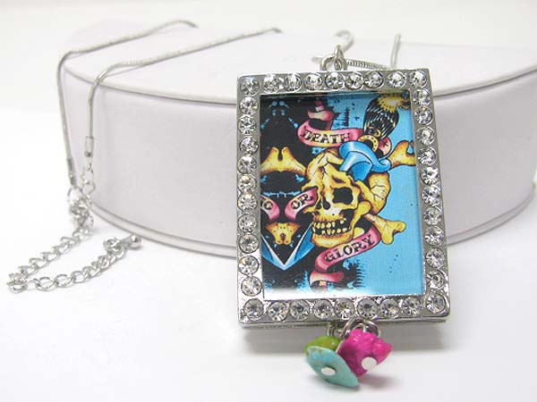 Crystal tatto theme picture frame pendant long necklace