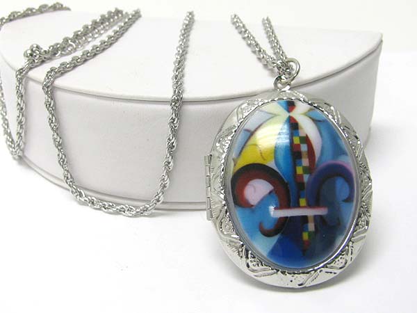 Fleur de lis formica stone oval locket long chain necklace