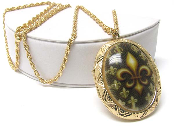 Fleur de lis formica stone oval locket long chain necklace