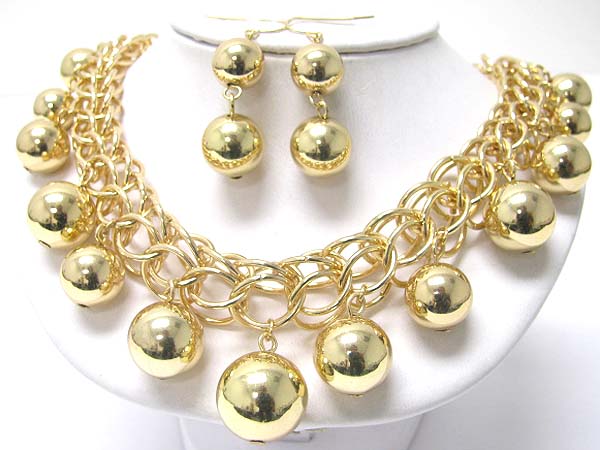 Metal ball charm  dangle chain link necklace earring set