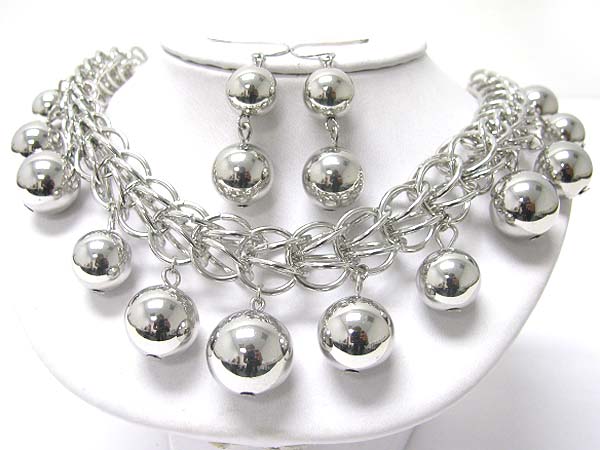 Metal ball charm  dangle chain link necklace earring set